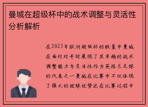 曼城在超级杯中的战术调整与灵活性分析解析