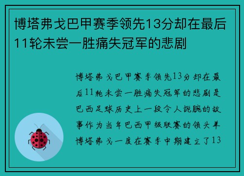 博塔弗戈巴甲赛季领先13分却在最后11轮未尝一胜痛失冠军的悲剧 博塔弗戈巴甲赛季领先13分却在最后11轮未尝一胜痛失冠军的悲剧